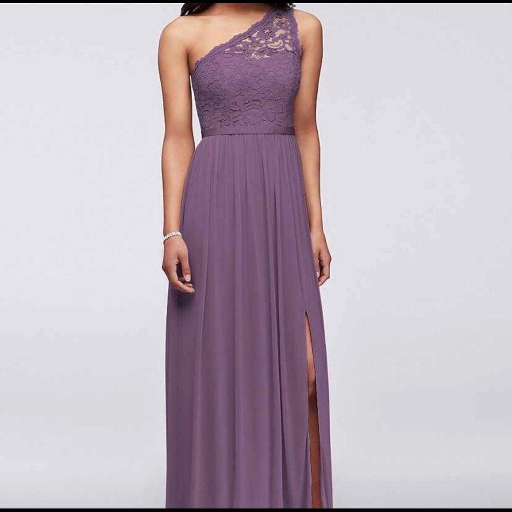 David’s Bridal Long One Shoulder Lace Dress